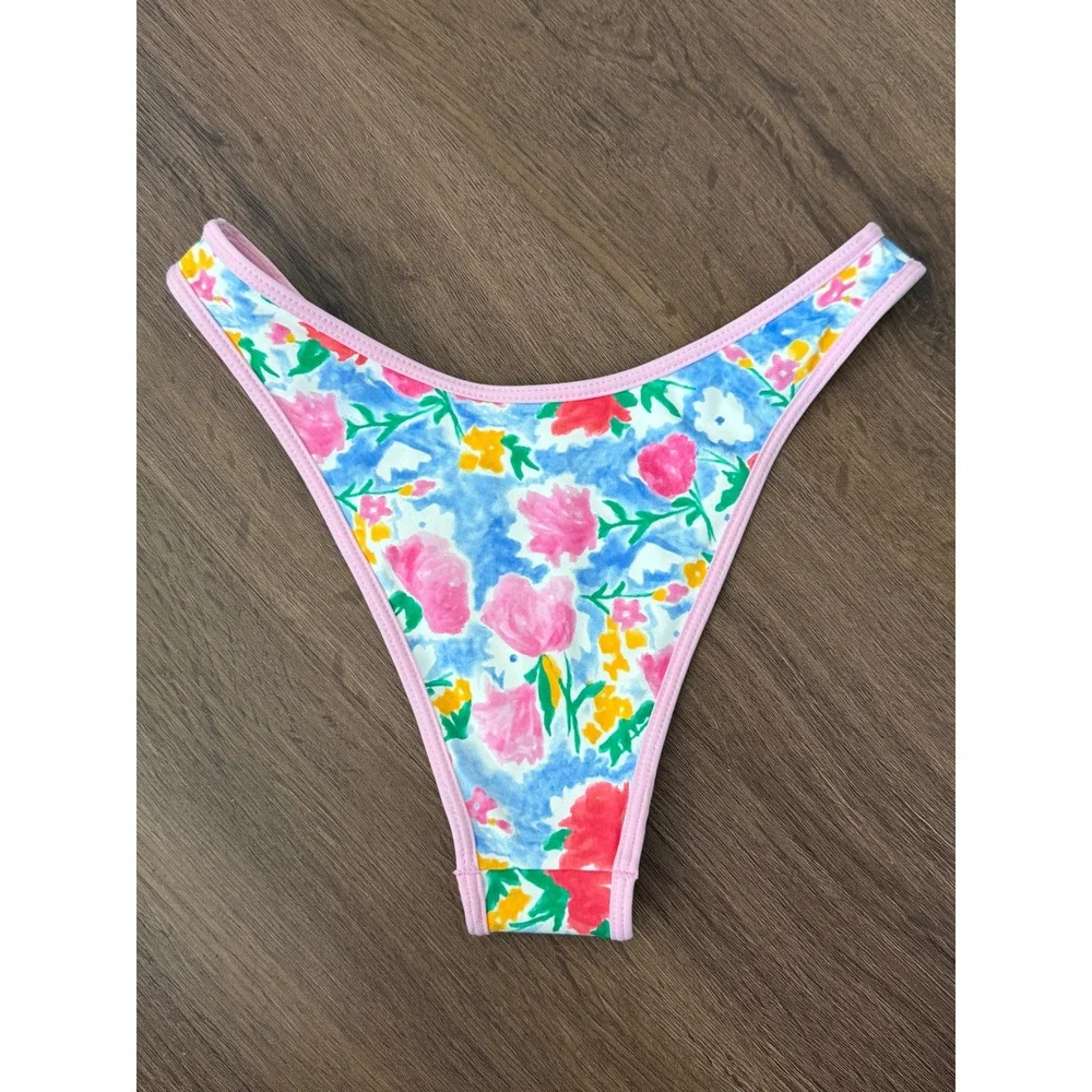 Frankies Bikinis Dove Bottom XS Pink Floral High Cut Cheeky Swimwear NWT 11461NS